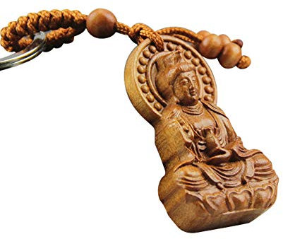 AMOYER Tallado En Madera De China Kwan Yin Rojo Estatua De Buda Escultura Pendiente De La Llave del Coche Cadena
