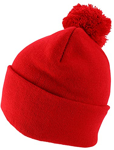 Trendy Apparel Shop XXL Oversized Solid Pom Pom Winter Stretch Knit Beanie Hat - Red - 2XL