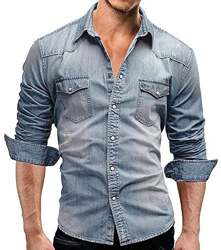 PRJN, Camicie di jeans, da uomo, casual abbottonata slim fit Top in cotone elasticizzato manica lunga Camicia di jeans kingsize, abbottonate da uomo elegante a maniche lunghe, B-blu (A), L