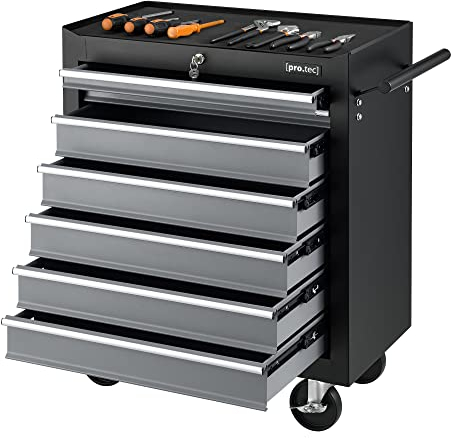 Chariot D'Atelier pour Outils Meuble de Rangement à 7 Tiroirs Verouillables avec Tapis Antidérapants Acier Laqué Plastique 69 x 33 x 78 cm Noir Argenté