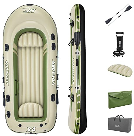 Bestway Hydro-Force Voyager X4 Inflatable 4 Person Water Raft Outdoor Floating Boat Set | Includes Inflatable Boat, Aluminum Oars, Hand-Pump and Carry Bag