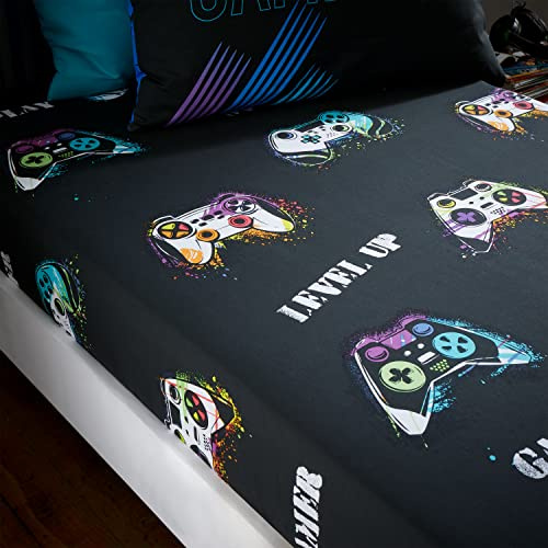 Catherine Lansfield Kids Bedroom Game Over Single Fitted Sheet 25cm Depth Black