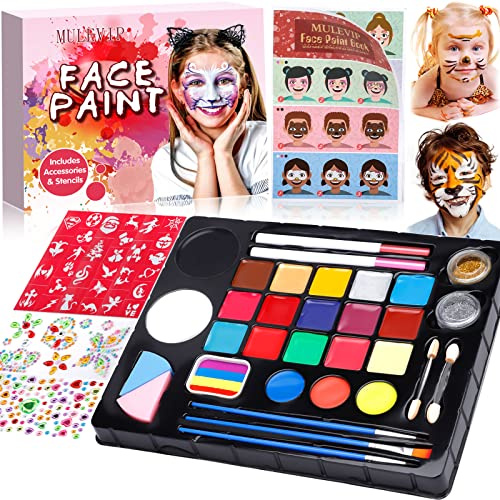 MULEVIP Kinderschminke Set,Kinderschminke Fasching,Kinderschminken Set,24 Farben Schminkfarben mit 30 Schablonen,250 Strasssteine,Berufs Pinsel,Kinderschminken für Fasching Halloween Karneval
