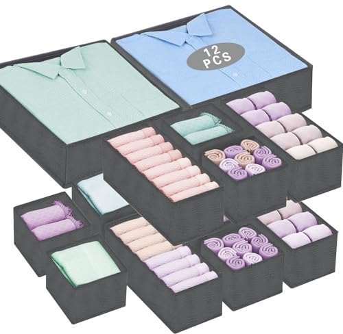 ENCOUN 12erSchubladen Ordnungssystem, Schubladen Organizer, Faltbare Aufbewahrungsbox Stoff, Unterwäsche Organizer, Grau Ordnungssystem Kleiderschrank, Organizer Schublade für BHS, Socken, Kleidung
