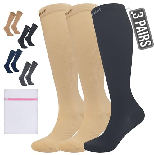 360 RELIEF 3 Pairs Plus Size Compression Socks for Women & Men - 15-20 mmHg Travel Flight Socks – Graduated Support - Ideal for Running, Cycling & during Maternity, L/XL, 2Beige+1Black + Laundry Bag