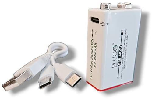 PLUGO | Batería USB Recargable | bloque de batería de litio de 9 V | con cable de carga USB tipo C 2 en 1 | 3600 mWh