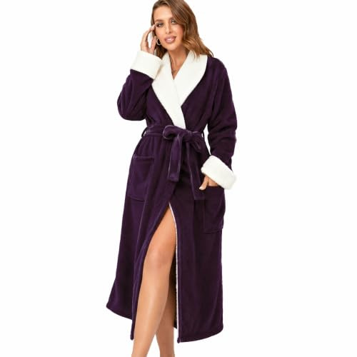 RONGTAI plysch fleece badrock för kvinnor, lång rock med två sidofickor och bälte, varm och mysig fluffig nattlinne, Mörklila, XL