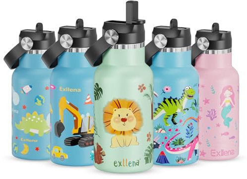 Exllena 350ml Stainless Steel Water Bottle Kids BPA Free with Straw - 100% Leakproof - Kids Insulated Water Bottle with Handle Lid - Easy to Use for Toddlers Girls Boys (Animal World)