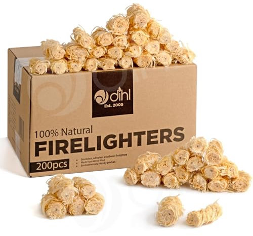 Dihl Lot de 200 allume-feu naturels Quick Wax 200 pièces allume-feu en laine de bois, sûr à utiliser, idéal pour barbecue, foyer, four à pizza et poêle, allume-feu