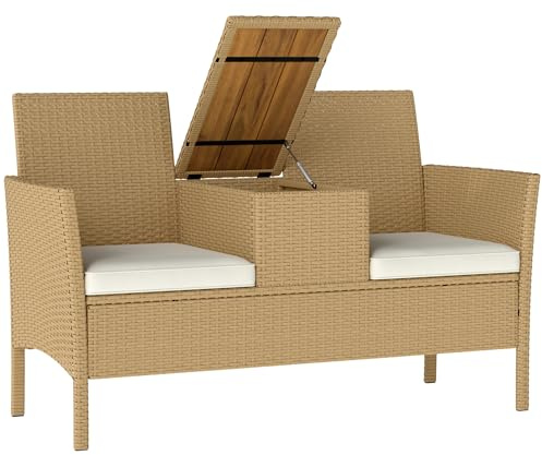 Outsunny Panchina da Giardino a 2 Posti in Rattan e Acciaio, Panchina da Esterno con Cuscini e Tavolino a Ribalta con Spazio Portaoggetti Nascosto, Divano da Esterno, 134x58x82 cm, Crema e Cachi