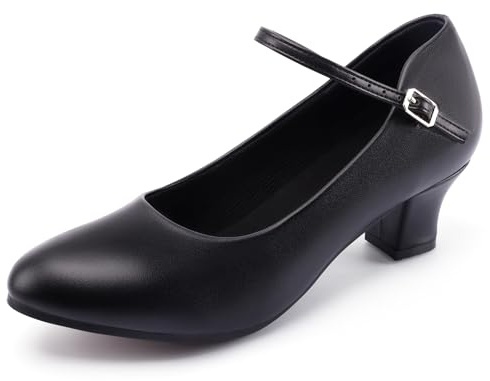 Linodes Economy PU Leather Ankle Strap Character Shoe 2'' Ballroom Dance Shoes Rubber Sole for Women-Black-6.5M
