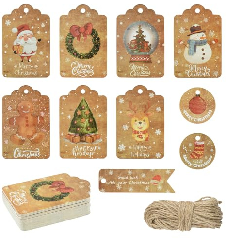 TAIYOU 60 pezzi etichette regalo di Natale carta kraft Christmas Tags etichette di Natale con spago decorazioni per albero di Natale per regali confezione decorazione 10 design A