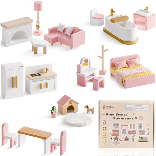 ROBUD Ensemble de Meubles en Bois pour Maison de poupée, 28 pièces, Accessoires de Meubles de poupée, Chambre à Coucher, Cuisine, Salon, Salle à Manger, Cadeau Rose pour Enfants