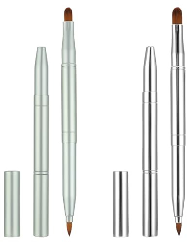 2 Pack Retractable Lip Brush Double-Ended Lip Makeup Brushes for Lipstick with Cap Lipstick Brush Lip-Gloss Applicator Travel, Silver Green