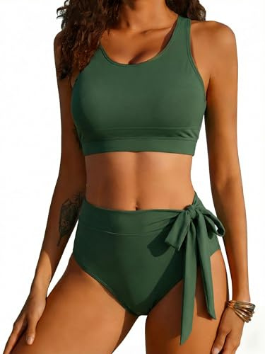 Ekouaer Bikini da donna a vita alta, 2 pezzi, costume da bagno sexy push-up controllo pancia bikini slip imbottito costumi da bagno per spiaggia