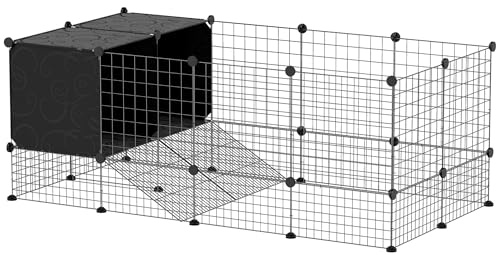 PawHut Enclos pour Petits Animaux, Cage à Lapin modulable, 31 Panneaux avec niches surélevées, Parc clôture pour Animaux domestiques intérieur pour cochons d'Inde, Lapins, hérissons, en Acier, Noir