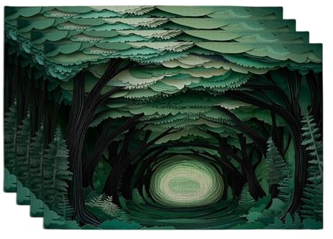 Paper Quilling Forest Tree Placemats Set of 4, 12x18 Inch, Cool Nature Scenic 4Pcs Table Mats for Home Dinning, Scenery Holiday Party Kitchen Print Pattern Decor