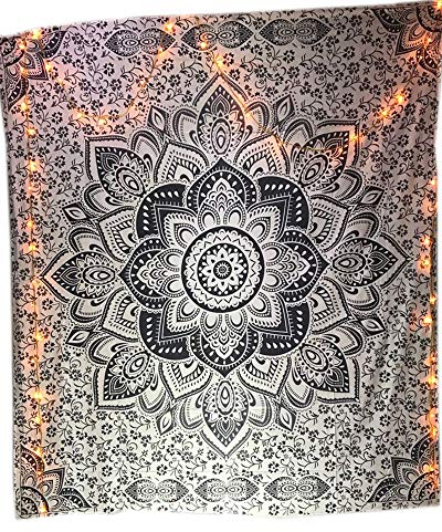 raajsee Tapestry Mandala Black & White Indian cotton wall hanging Throw/Hippie Tapestry Black/Bohemian Bedding Elephant dorm decor Tapestries/Boho Queen Bedspread 210x220cms/A gift