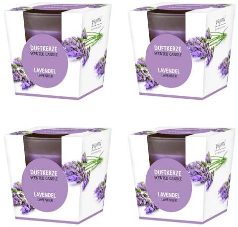 pajoma® Doftljus set om 4, lavendel – i satinerat glas | 4 x 120 g vaxvikt, brinntid: 25 timmar, i elegant presentförpackning | premiumkvalitet