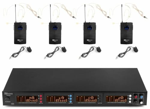 Power Dynamics PD504B - Set Radiomicrofono 4 X 50 canali UHF senza fili, 4 x auricolare con microfono lavalier e trasmettitore bodypack, 4 x 50 canali UHF, PLL, custodia in alluminio