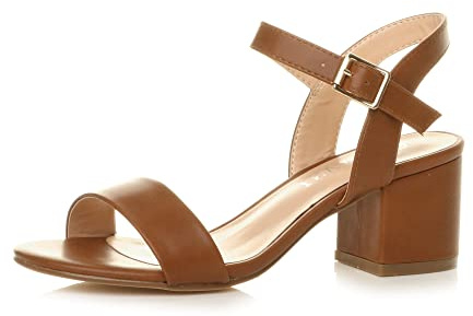 Ajvani Women Ladies Low Block Heel peep Toe Ankle Strap Strappy Party Sandals - Tan Matt - 6 UK