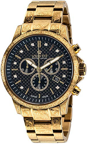 LOUIS XVI Palais Royale 873 Montre pour homme chronographe 43 mm, mouvement à quartz suisse, bracelet acier inoxydable couleur or, cadran noir carbone, véritable diamants, or