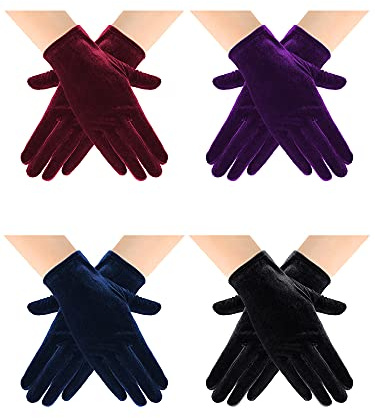 Geyoga 4 Pares Guantes Cortos de Terciopelo de Ópera de Banquete de Muñeca de Disfraz Mujer (Negro, Morado, Azul, Rojo Vino)