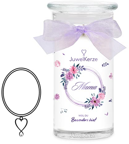 JuwelKerze Mama Halskette Silber - Schmuckkerze 80 Std - große Duftkerze mit Blumigem Duft - Kerze im Glas mit Schmuck - Mama Geschenk, Muttertagsgeschenk, Geburtstag