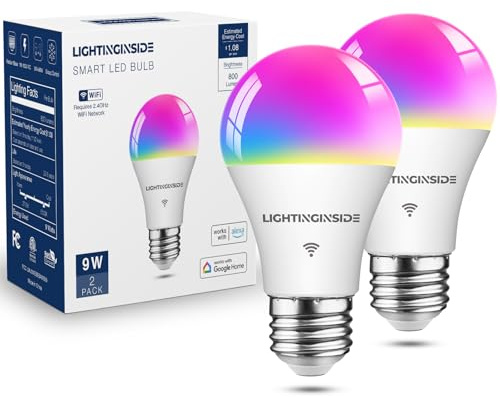 Lightinginside Smart Light Bulbs 60W Equivalent, WiFi Smart Bulb Compatible with Alexa/Google Assistant/Smart Life, A19 E26 RGBCW Color Changing, No Hub Required,2.4G WiFi, ETL Listed, 9W 800LM, 2PCS