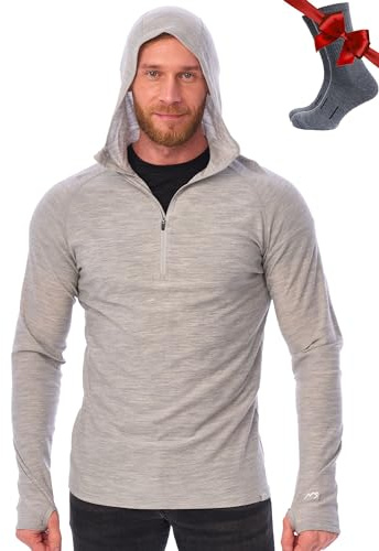 Merino.tech 100% Capuche Pull Homme Laine Merinos - sous Vetement Merinos Homme Coupe Ajustée et Chaussettes (Heather Grey, Large)