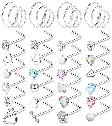Chriscoco 36Pcs 18G Surgical Steel Nose Stud Nose Ring Nose Piercing Nose Hoop Ring L Shaped Silver Nose Studs Hypoallergenic CZ Opal Heart Star Nose Piercing Jewellery for Women Men
