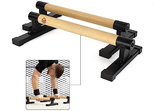 Müller & Blum Premium low Parallettes Holz inkl. Handgelenksbandagen, nachhaltige & rutschfeste Liegestützgriffe, ideal für Liegestütze & Handstand, Push Up Bar, Calisthenics Equipment