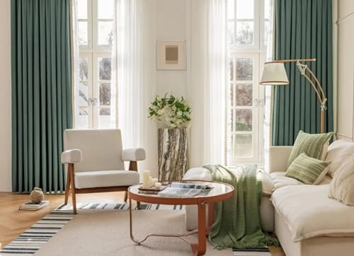 Whoiy Vorhänge Wohnzimmer Verdunkelung Baumwolle Leinen mit Ösen, Dunkelgrün Gardine Vorhang Jacquard mit Spitzenblumenrand Moderne 2er Set Fenstergardinen Einfarbig für Schlafzimmer, 244x132 cm