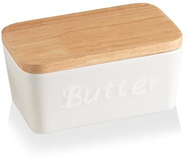 Sweejar Ceramic Butter Dish with Lid for Countertop,Butter Keeper with Thick Wood Lid,Butter Keeper for Counter or Fridge, Butter Holder Storage Kitchen Decor and Accessories for Kitchen Gifts