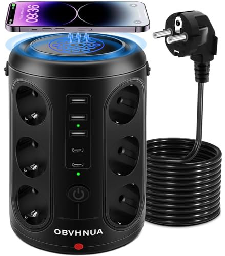 OBVHNUA 18 en 1 - Regleta de Enchufes 12 Enchufes, 5 Puertos USB, Carga Inalámbrica de 10 W, 2500 W/15 A, Interruptores Individuales, Base Múltiple de Seguridad para Oficina, Hogar, Cocina