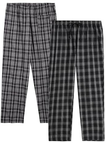 Winovia Herren Schlafanzughose Lang Baumwolle Karierte Pyjamahose Lounge Hose Pyjamaunterteil Freizeithose mit Seitentaschen für Männer, Gerade Geschnitten Graubraun+Grau/Weiß M