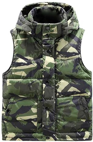 Gilet da uomo mimetico con cappuccio, senza maniche, trapuntato, caldo, invernale, per attività all'aperto, gilet mimetico per escursionismo, gilet isolante con chiusura a bottone automatico, adatto