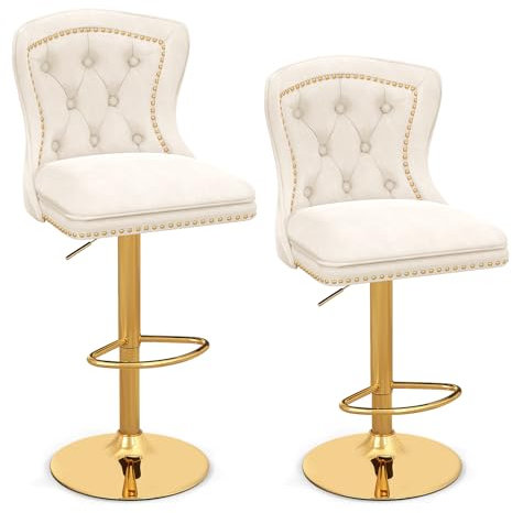 COSTWAY Set med 2 barstolar, barstolar 67–87 cm höjdjusterbar i sammet, kökspall med ryggstöd och metallfot, diskpall roterbar för hem, bar och restaurang (beige, 2)