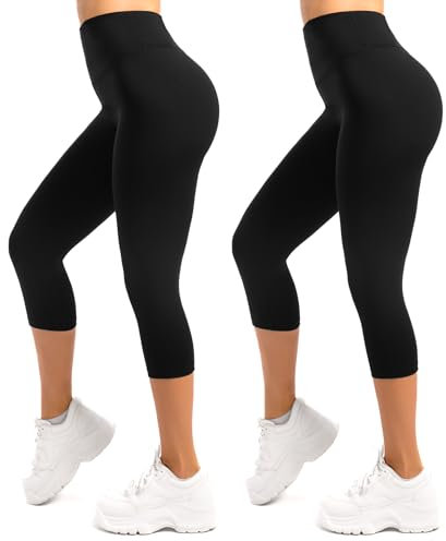 SINOPHANT 3/4 Leggings Damen High Waist Blickdicht Elastische Große Größen Leggins 2 Pack Schwarz L-XL