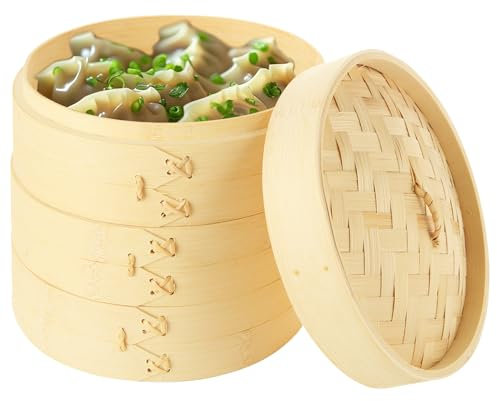 LOPYXBR Bamboo Steamer Basket 8 inch, Dumpling Steamer Basket Bamboo Steamers 3 Tier, Steaming Basket with Lid, Dim Sum Steamers 8 inches for Vegetables, Dumpling, Meat and Fish(20cm)