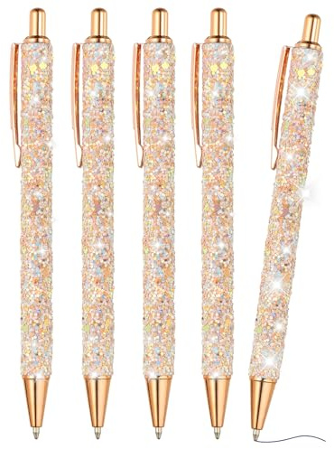 PATIKIL Glitter kulspetspenna, 5 st glittrande fin glitterpenna infällbar press metall journalföring skrivpennor svart bläck för kvinnor flickor kontor födelsedag, ljus roséguld