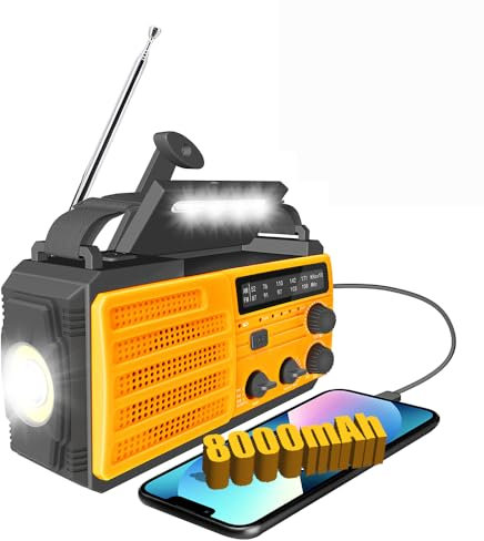 Radio Portatile ad Energia Solare 8000mAh, Radio Emergenza con Manovella, FM/AM, Torcia 3 Modalità, SOS, Power Bank, Impermeabile IPX3 per Campeggio, Escursionismo e Emergenze
