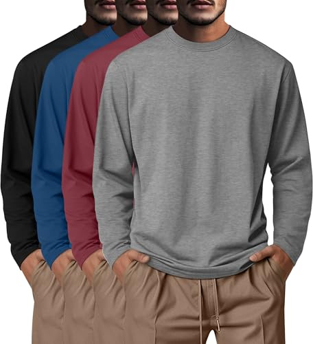Neer 4 Pacchi di Magliette per Uomini Grandi e Alti, Top Base Casual a Collo Rotondo a Maniche Lunghe in 95% Cotone(Nero, Blu, Giacinto, Grigio Chiaro,4XL)