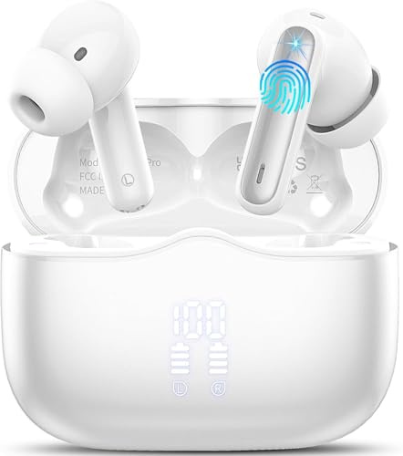 Auriculares Inalambricos Bluetooth, Auriculares Bluetooth 5.4 con Reducción de Ruido 4 Mic, 40H Cascos Inalambricos con HiFi Estéreo, Pantalla LED, IP7 Impermeable, Carga Rápida, Ajuste Cómodo, Blanco