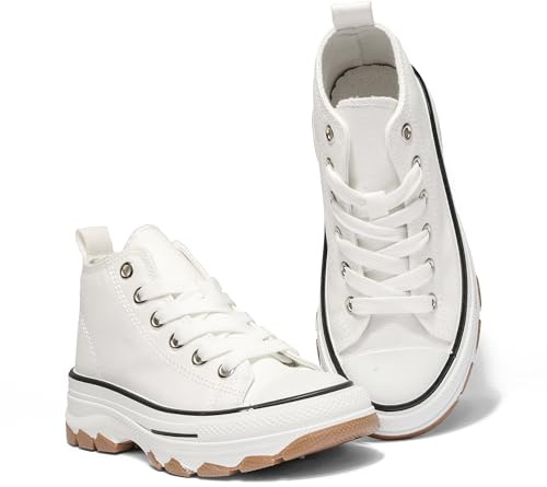 Kids High Top Canvas Trainers – Breathable Lace-Up Sneakers for Girls & Boys | Durable Non-Slip Rubber Sole Casual Shoes for School & Play White