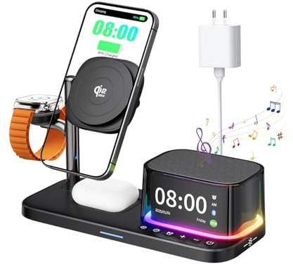 7-i-1 trådlös laddare, Bluetooth-högtalare med väckarklocka, 25W snabbladdstation, atmosfärsbelysning, kompatibel med iPhone 17 16 15 14 13 12 Pro Max-serien, AirPods, Samsung & Apple Watch