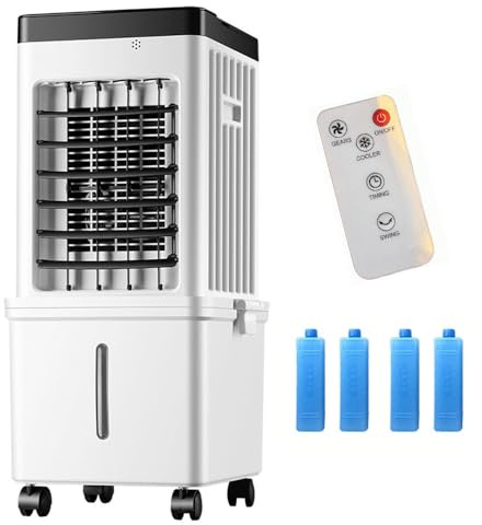 Rafraîchisseur d'air mobile 15L, Climatiseur Mobile télécommande 3 vitesses Ventilateur ioniseur humidificateur purificateur d'air, Minuterie 7.5H, Oscillation 90º, 4 Refroidisseurs Inclus.