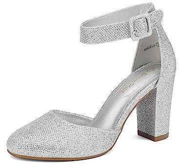 DREAM PAIRS Womens High Heels Closed Toe Court Shoes Block Ankle Strap Ladies Sandals for Wedding Angela,Silver Glitter Size 7.5/5.5 UK