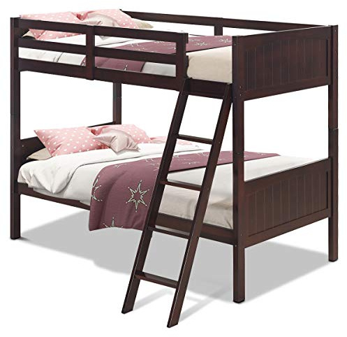 Costzon Wood Twin Over Twin Bunk Beds Convertible 2 Individual Twin Beds for Kids Children, Solid Rubberwood Bunk Bed with Ladder and Safety Rail (Espresso)