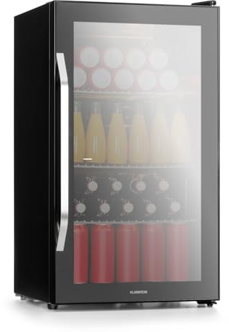 KLARSTEIN Mini Frigo da Camera per Birra, Frigo Portatile da Camera, Piccolo da Ufficio, Mini da Ufficio con Porta in Vetro, Bar da con Ripiani Rimovibili, 3-10°C, 80L